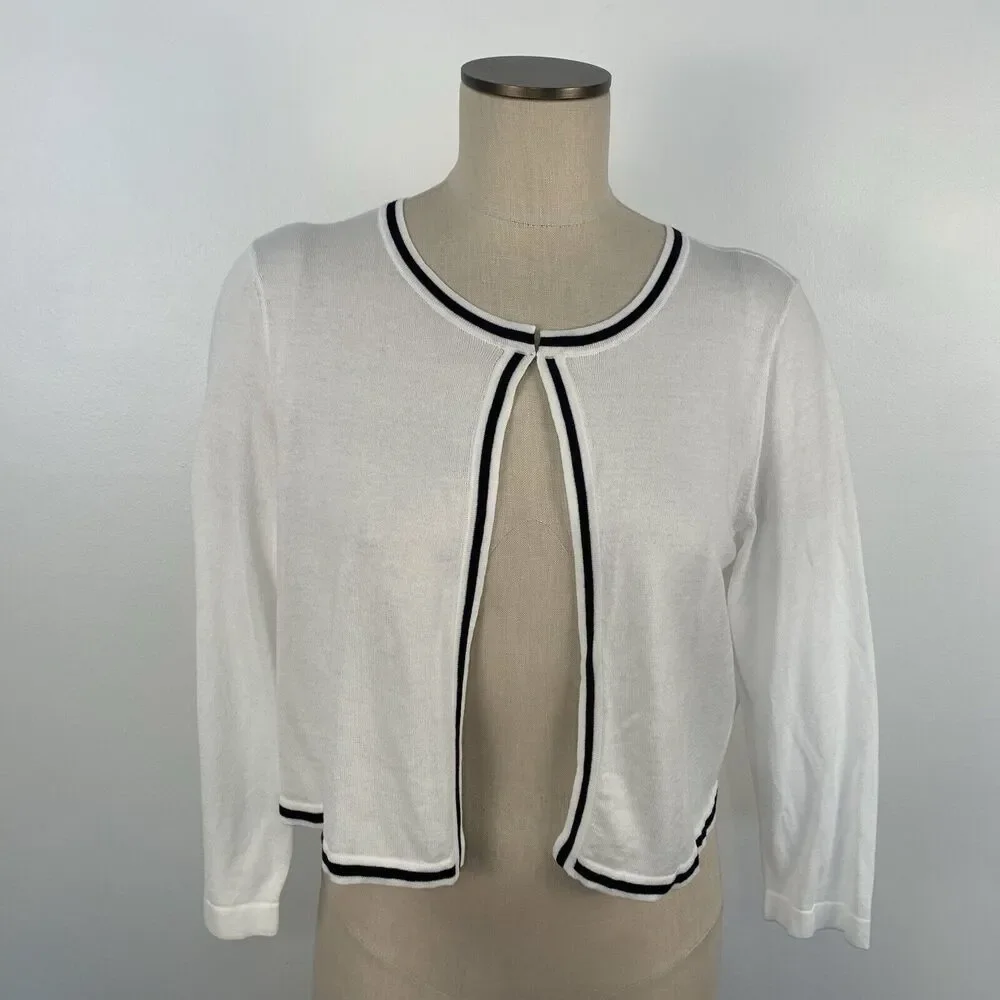 Talbots Women's White Cotton & Modal Tipped Dress Shrug Size Medium NWT Flaw